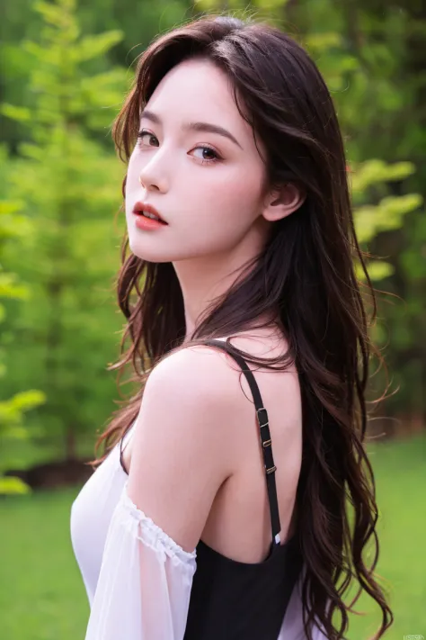 best quality, masterpiece, (photorealistic:1.4), Close up, 1 girl, upper body, Black Dress, Corset, long hair, cute, flowers around, forest background, sweet girl, IDOL,  -- Face Details:1.7 -- <lora:xTTx:1> <lora:Guinevere-01:1>