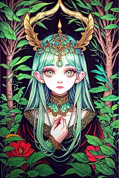 a painting of a woman with horns and a crown in the woods