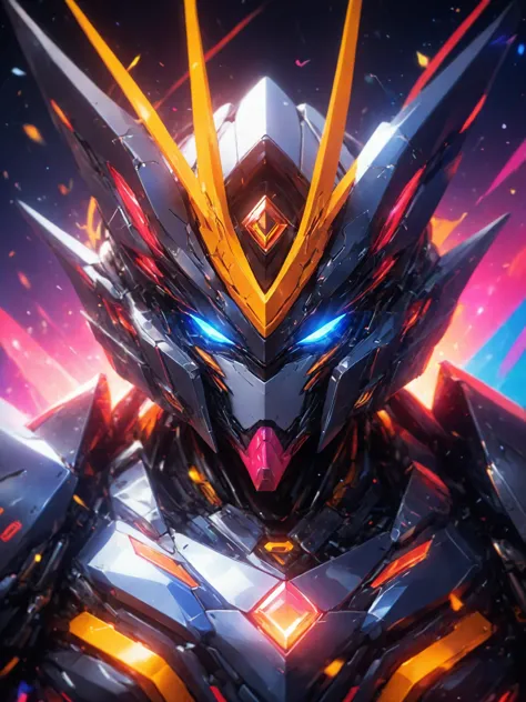 Spielillustration,Liga der Legenden Splash Art,Oberkörperporträt,Gundam RX-78Ein abstraktes Neon-Design eines leuchtenden,intricate Details und neongelbe Muster,vor einem dunklen,abstrakter Hintergrund,nijiMecha,lolsplashart,