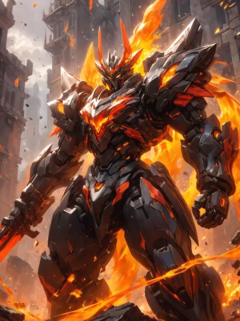 Ein schwarzer Mech steht auf dem Schlachtfeld mit den Flammen und Ruinen einer Explosion dahinter,Liga der Legenden Splash Art,nijiMecha,