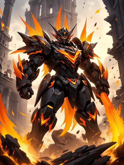 Ein schwarzer Mech steht auf dem Schlachtfeld mit den Flammen und Ruinen einer Explosion dahinter,Liga der Legenden Splash Art,nijiMecha,