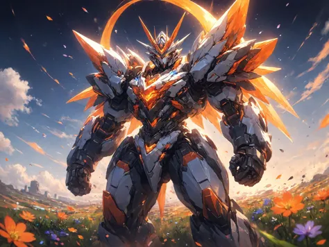 colorful and vibrant,mystical colors,contemporary impressionism,An orange mecha stands in a meadow full of flowers,<lora:p4-nijimecha-000010:0.7>,nijimecha,<lora:Hyper-SDXL-4steps-lora:0.8>,