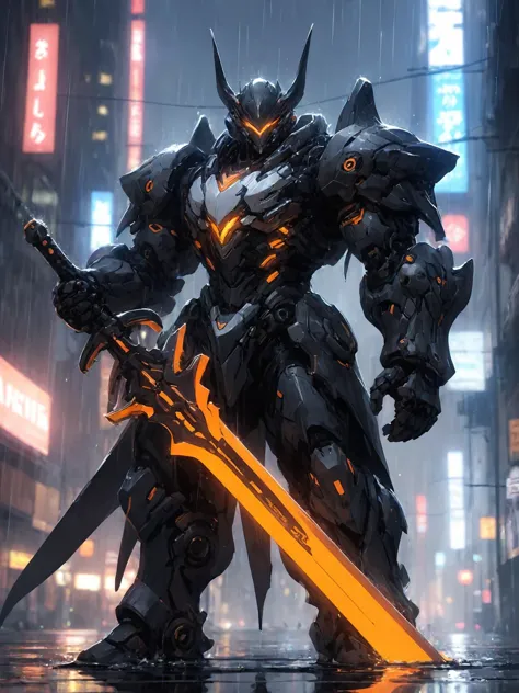 Game Illustration,League of Legends Splash Art,A black mech stands on a rainy city street,he has heavy armour,particle flow only,skirt armour,glowing eyes,no humans,cyberpunk,science fiction,dynamic poses,<lora:p4-nijimecha-000010:0.7>,nijimecha,<lora:Hyper-SDXL-4steps-lora:0.8>,