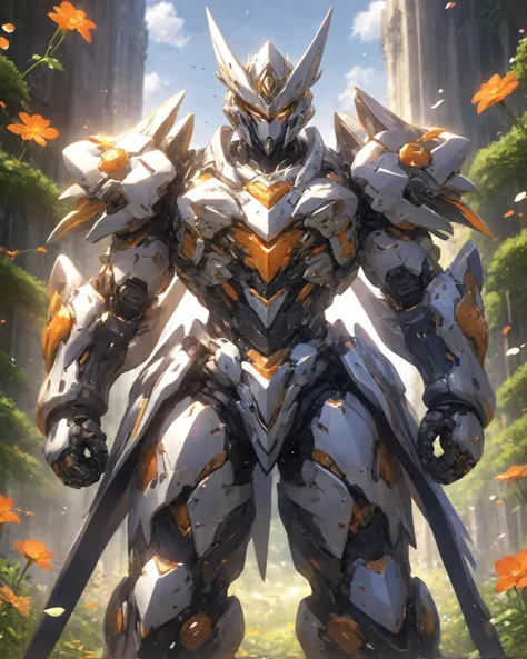 An orange mecha stood in a meadow full of flowers,the whole scene looked sacred and beautiful,his armour covered in colourful fl...