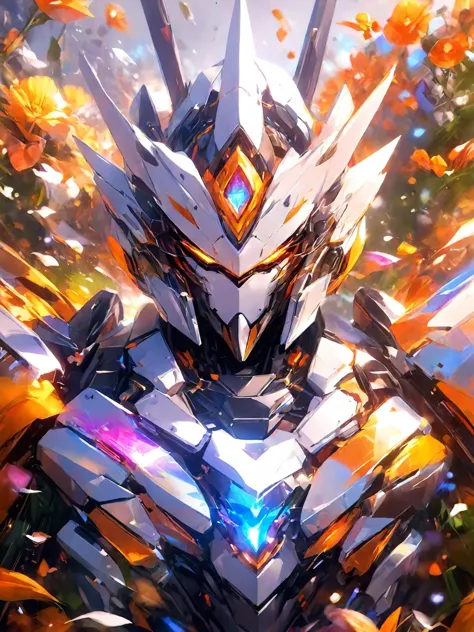 bunt und lebendig,mystische Farben,zeitgenössischer Impressionismus,yanjun cheng Porträt painting,Ein orangefarbener Mecha steht auf einer Blumenwiese.,nijiMecha,Porträt,komplizierte Details,