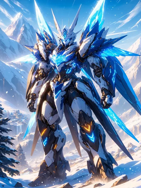 A clean white mech standing at the foot of a snowy mountain,blue energy core,glowing eyes,best quality,intricate details,<lora:p...