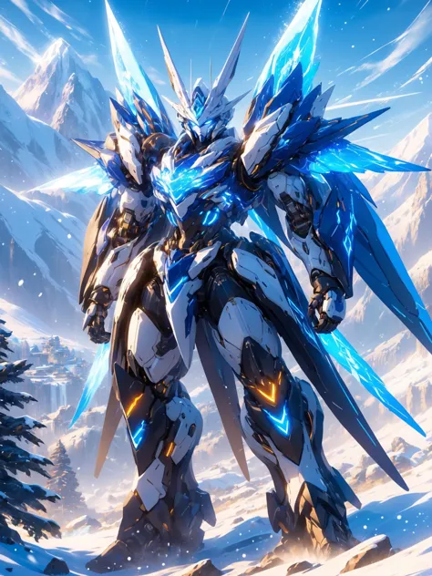 A clean white mech standing at the foot of a snowy mountain,blue energy core,glowing eyes,best quality,intricate details,<lora:p4-nijimecha-000010:0.7>,nijimecha,