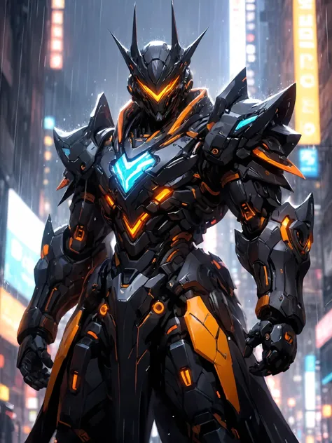 Game Illustration,League of Legends Splash Art,A black mech stands on a rainy city street,he has heavy armour,particle flow only,skirt armour,glowing eyes,no humans,cyberpunk,science fiction,dynamic poses,<lora:p7-nijimecha-000009:0.7>,nijimecha,<lora:Hyper-SDXL-4steps-lora:0.6>,portrait,Intricate details,