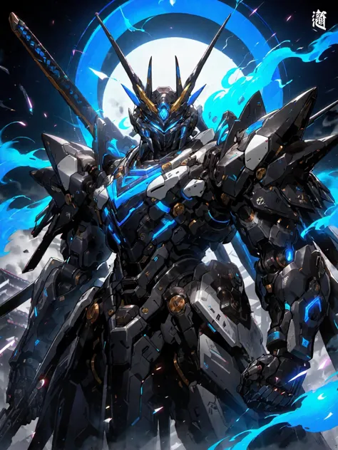 best aesthetic,nijimecha,Tall mecha concept art,upper body,huge blue moon behind,mech has blue flames,official alternate costume...