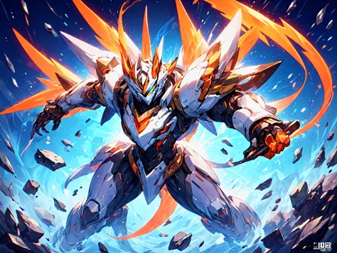 Spielillustration,Liga der Legenden Splash Art,Beste Ästhetik,ein weißer Tiger-Mech auf einem schuttbedeckten Schlachtfeld,scharfe Tigerkrallen,glühende Krallen,kurze Gliedmaßen,glühende Augen,Partikelstromflügel,Kampfpositionen,dynamische Posen,nijiMecha,lolsplashart,