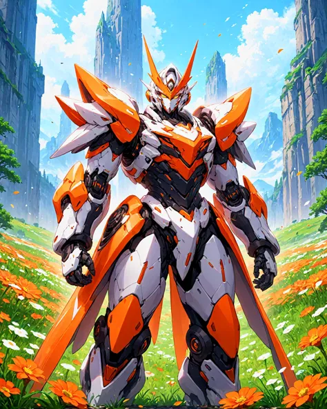 Ein orangefarbener Mech steht auf einer Blumenwiese,Die gesamte Szene wirkt heilig und schön,nijiMecha,