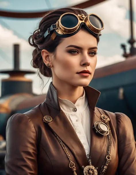 cinematic photo (full height:1.3), a beautiful (((ohwx woman)))  As a steampunk aviator, adorned in leather and brass, goggles r...