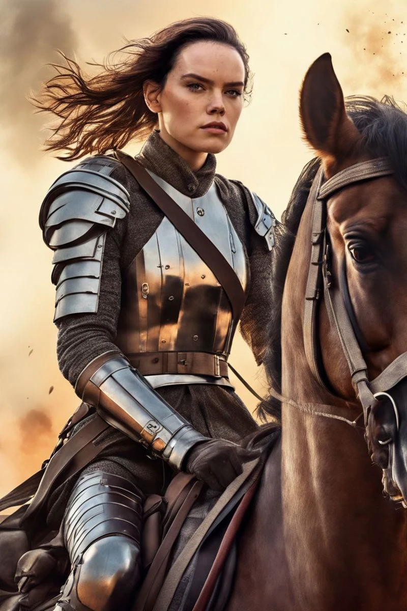 A (full length:1.4) (modern comic book cover:1.0) of Daisy Ridley with Extremely long, wavy hair with a deep side part, adding volume and drama. hairstyle , as a ,(Riding at the head of an advancing army, a female human Cavalier (photorealistic:1.35) exudes leadership. Her face, featuring (military-grade, simple makeup:1.2), carries an air of stern determination. She rides a heavily armored warhorse, and carries a lance radiating with magic. The marching army, the sprawling battlefield, and the Cavalier's commanding presence capture the essence of warfare:1.4)., ohwx woman, ohwx, Light through a patterned or textured surface for creative shadows (Patterned Light)., (Underwater:1.3),Eve Ryder, comic book, a comic book panel, sots art