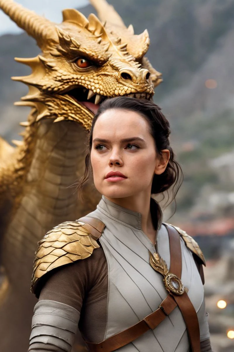 A (full length:1.4) (modern comic book cover:1.0) of Daisy Ridley with Long hair with random sections twisted into thick, pointed spikes, held in place with strong-hold gel. hairstyle , as a ,(Amid the craggy peaks of a towering mountain range, a female human Gold Dragon (photorealistic:1.35) watches over her protected realm. Her face, bedecked with (golden, majestic makeup:1.2), mirrors her dragon-born wisdom. She stands regally, mighty wings extended, commanding a breath-taking dragonflight. Her majestic presence and merciful heart depict the guardian spirit of her mythic path:1.4)., ohwx woman, ohwx, String lights as a bokeh backdrop (Bokeh String Lights)., (Aged Paper:1.3),Eve Ryder, comic book, a comic book panel, sots art