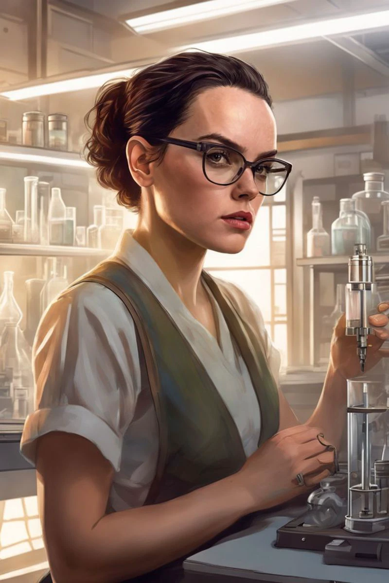 أ (مكتمل الطول:1.4) (modern كتاب الشخصيات cover:1.0) of Daisy Ridley with أ buzz cut. تسريحه شعر , ك ,(في قلب المختبر الصاخب, a female human أlchemist is caught in the act of discovery (واقعية:1.35). وهج طهوها ينير وجهها, الكشف عن التعبير المركز و (دقيق, مكياج عملي:1.2). أبخرة خلقها تتجعد إلى أشكال غريبة الأطوار, تلميحا إلى الخصائص السحرية. المختبر المزدحم, الخليط المتوهج, and the أlchemist's intent concentration capture the spirit of discovery:1.4)., يا امرأة, ohwx, كشاف مع أنف لشعاع ضوئي مركّز (الأضواء المركزة)., (أحادية اللون:1.3),إيف رايدر, كتاب الشخصيات, a كتاب الشخصيات panel, تحت الفن