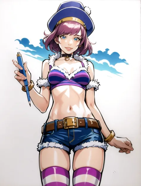 anime girl in a purple top and blue shorts holding a cell phone