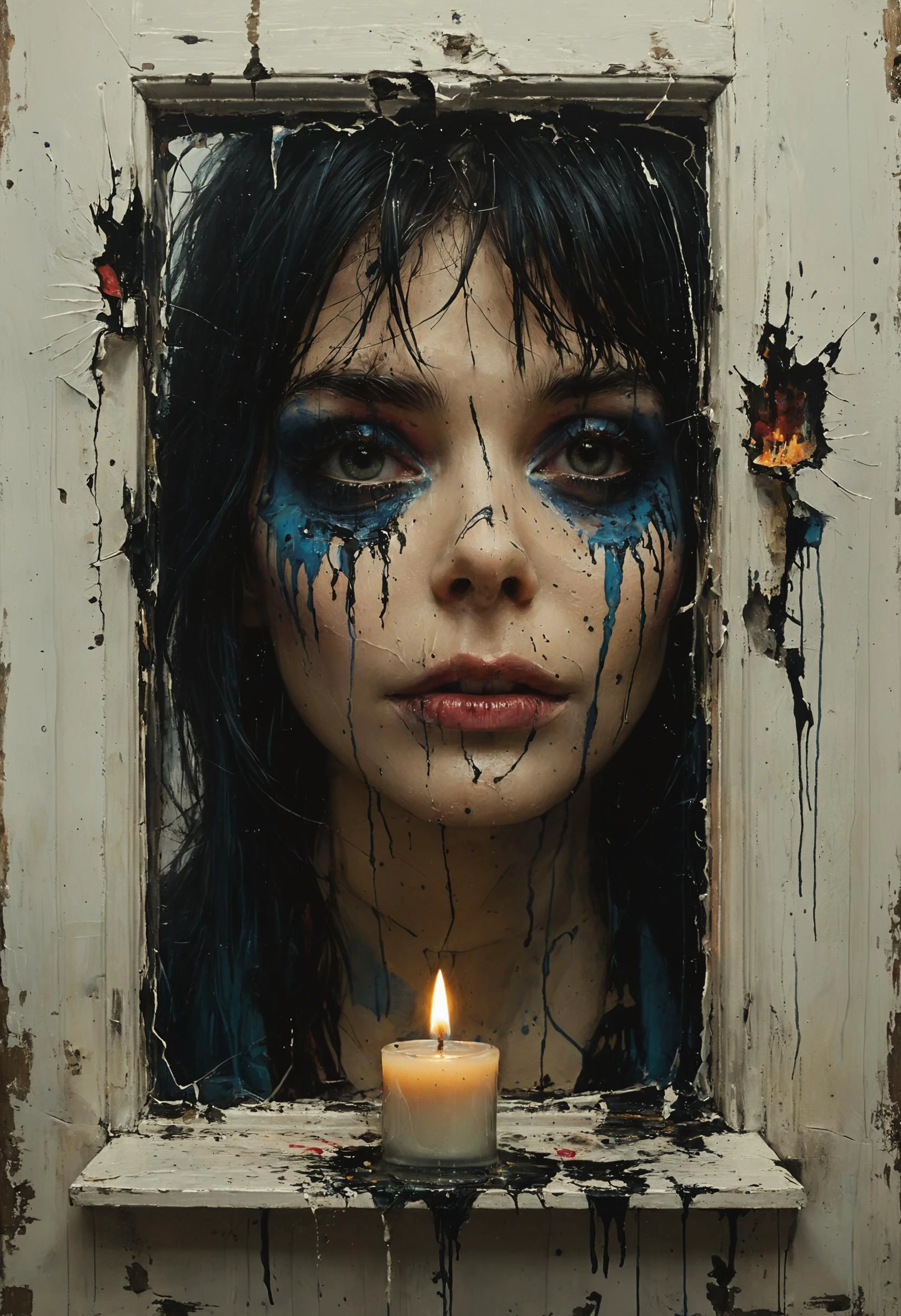 Distorted face staring from shattered window, candle light, Gorgeous splash of vibrant paint