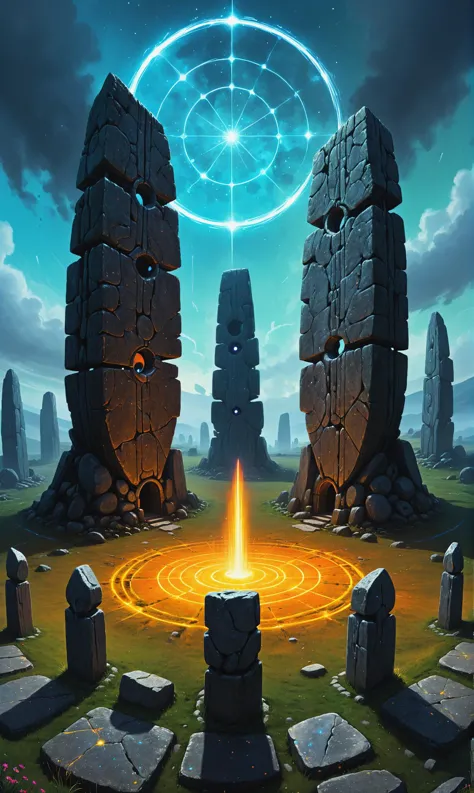 a painting of a stone circle surrounded by rocks and a star