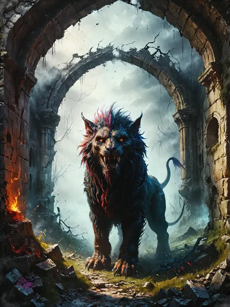 a close up of a lion in a tunnel with a fire