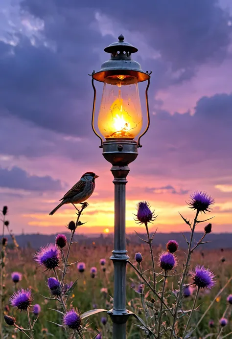 there is a bird sitting on a lamp post in a field