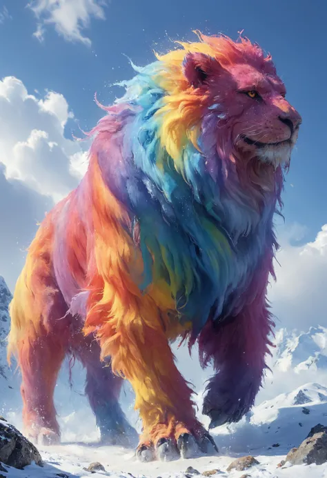 a close up of a colorful lion walking on a snowy surface