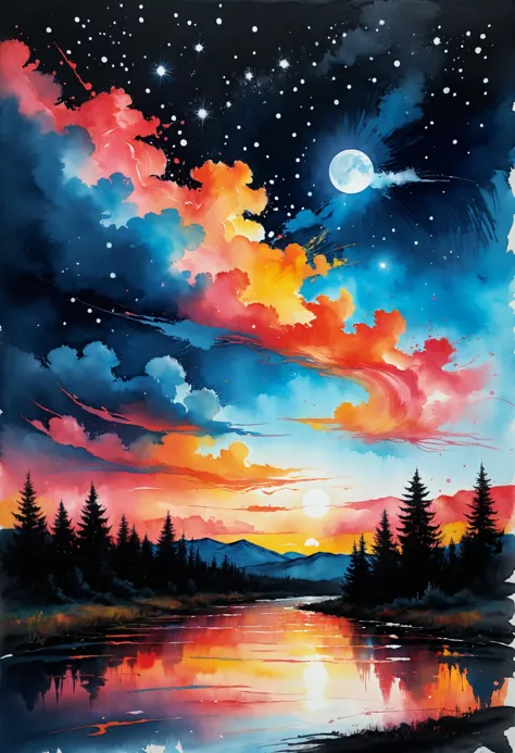 a painting of a sunset with a lake and trees