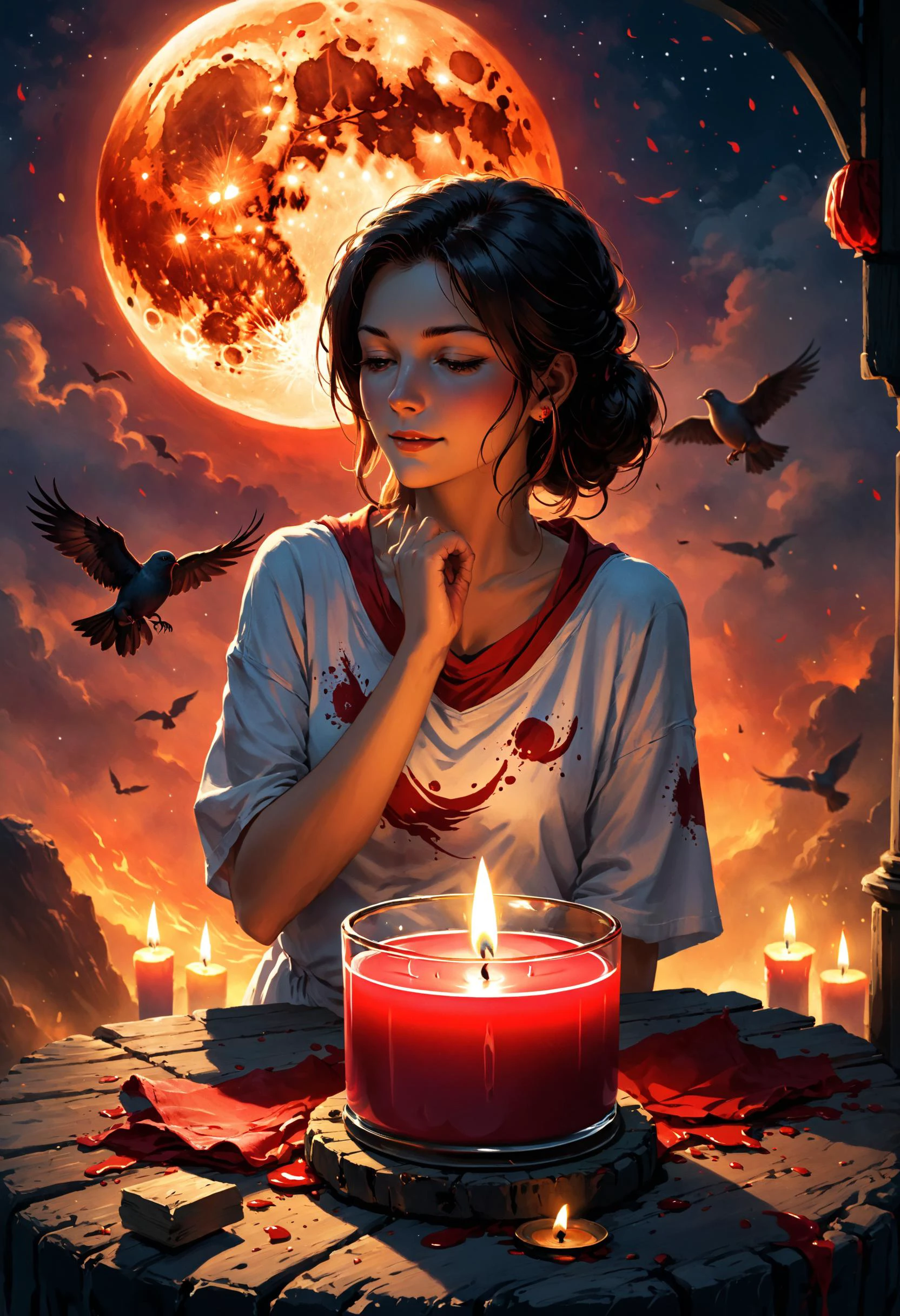 Whispering in the shadows
Corrupt must, old spice, blood moon
The clock flocks like doves
Crying was what killing is now, candle light, TshirtDesignAF, Gorgeous splash of vibrant paint