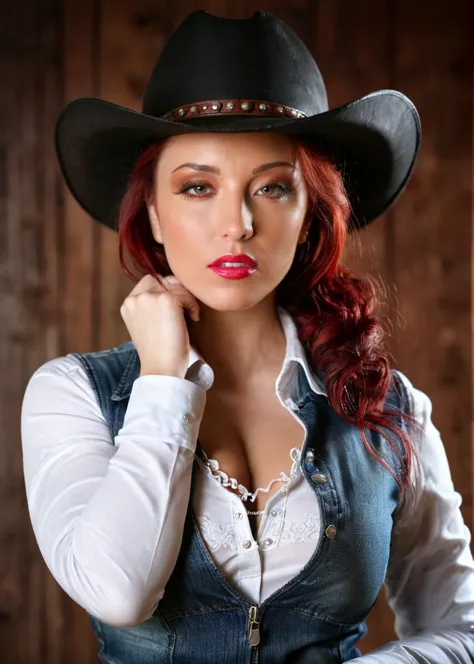 a close up of a woman wearing a cowboy hat and a white shirt