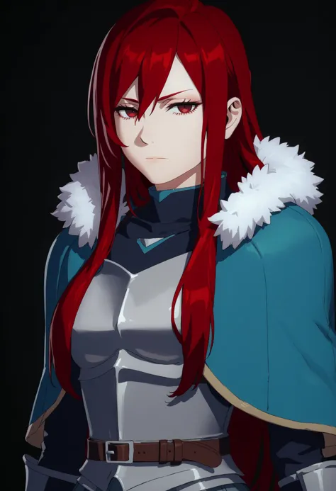 a woman with red hair and a blue cape is standing in front of a black background