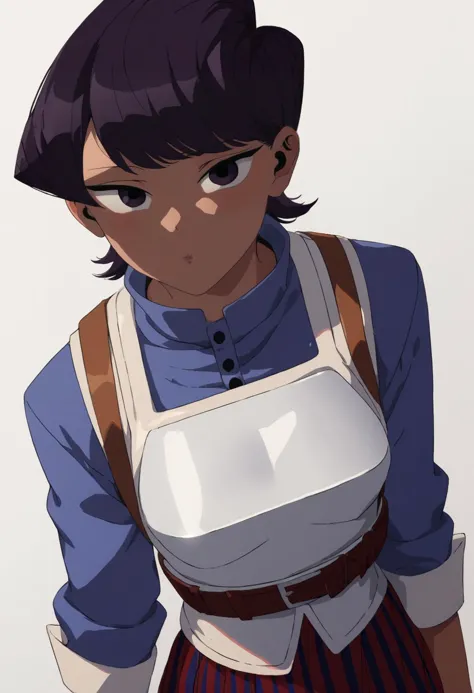 a close up of a woman with a apron on and a blue shirt