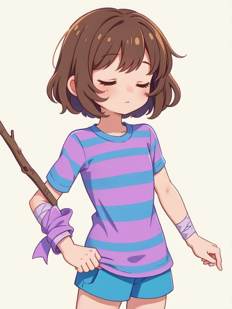 A cartoon girl with a stick in her hand and a purple shirt - SeaArt AI