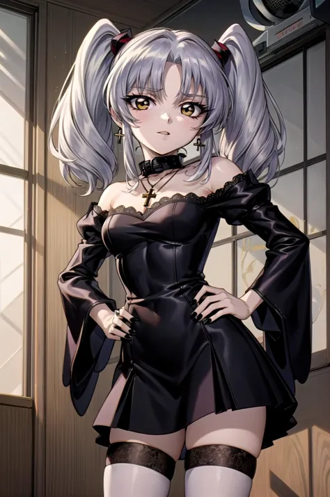 (masterpiece, best quality, detailed), 1girl, solo, rh, twintails, hair ornament, looking at viewer, 
gothic, black lips, latin cross, cross earrings, black nails, vampire, black collar, multiple rings, fishnets, lipstick, piercing, cross necklace, headdress, eyeshadow, makeup, lace, frilled thighhighs, black dress, shoulder cutout, indoors, tatami, sliding doors, cushion, electric fan, kotatsu, <lora:OjouSamaPose:1>, ojou-sama pose, hand on hip, closed mouth, smug