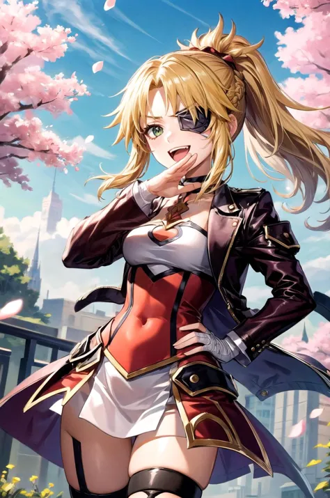 (masterpiece, best quality, detailed), 1girl, solo, looking at viewer, defMord, ponytail,
tailcoat, fishnet top, single thighhigh, single sleeve, medical eyepatch, purple ribbon, choker, single glove, glowing eye, bandaged arm, cherry blossoms, petals, outdoors, tree, sky, wind, <lora:OjouSamaPose:1>, ojou-sama pose, laughing, hand on hip, naughty face, smug,