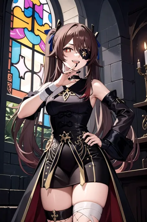 (masterpiece, best quality, detailed), 1girl, solo, hu_tao, long hair, symbol-shaped pupils, twintails, hair between eyes, flower-shaped pupils, very long hair, black nails, nail polish, looking at viewer,
tailcoat, fishnet top, single thighhigh, single sleeve, medical eyepatch, purple ribbon, choker, single glove, glowing eye, bandaged arm, indoors, church, stained glass, window, candle, sunlight, <lora:OjouSamaPose:1>, ojou-sama pose, laughing, hand on hip, naughty face, smug