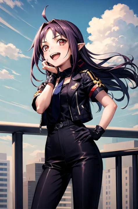 (masterpiece, best quality, detailed), 1girl, solo, looking at viewer, yuuki \(sao\), pointy ears, long hair, ahoge, red hairband,
short sleeves, black pants, black necktie, red shirt, red gloves, jacket on shoulders, black jacket, outdoors, rooftop, day, cityscape, blue sky, cloud, scenery, railing, <lora:OjouSamaPose:1>, ojou-sama pose, laughing, hand on hip, naughty face, smug,