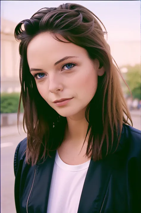 a close up of a woman with a jacket on posing for a picture