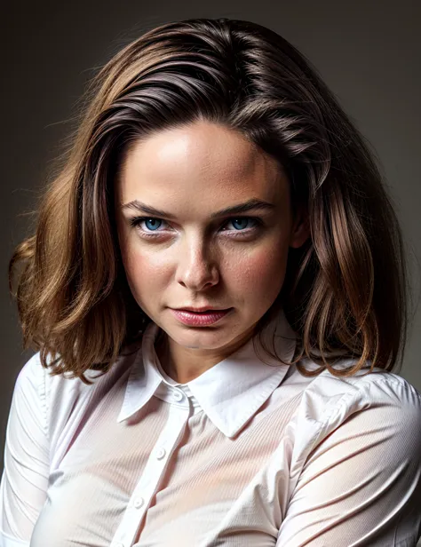 arafed woman with a white shirt and blue eyes posing for a picture