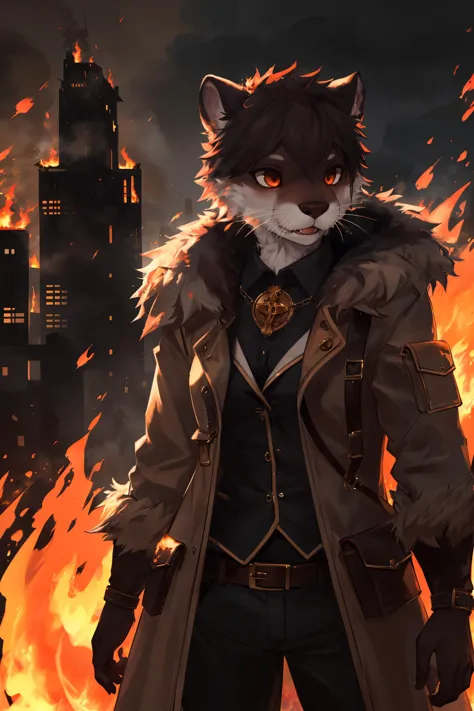 otter, detective, anthro, female, fur coat, (best quality), (detailed fire urban background:1.2), dramatic lighting, (detailed f...