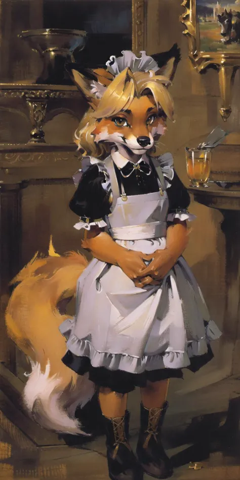 dark night,absurdres, highres, ultra detailed, masterpiece, sharp shading,cowboy shot, 
fox furry girl,kid,maid,blonde,fur paws,...