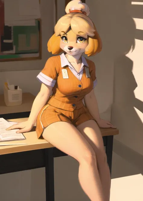 absurdres, highres, ultra detailed, masterpiece, sharp shading, {{{furry girl, Isabelle (animal crossing):1.3, high detail fur:1...