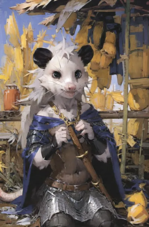 masterpiece, best quality,furry opossum girl,white  wave hair,(chainmail:1.3),helmet, holding sword
( Medievalcat:1.3),solo,bird...
