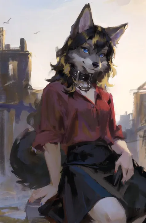 masterpiece,highres,wolf furry girl,blonde,(yellow_and_black_hair:1.3),long hair,crossed bangs,blue eyes,high detail eyes,
red shirt,(black skirt:1.2),(high detail grey fur and skin:1.4),,punk collar,zootopia, fur paws,
(looking at viewer:1.2)
<lora:æé¨ä¼å:0.7> <lora:bouguereau-01:0.3> <lora:Oilpainting:0.3>