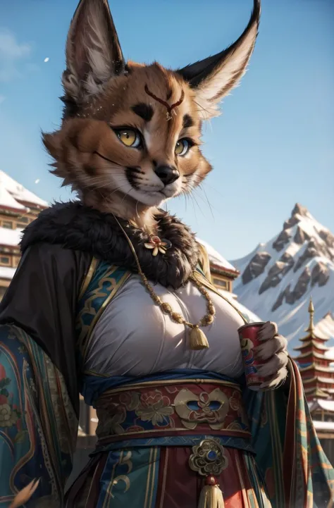 chef-d&#39;œuvre, Meilleure qualité,fille à fourrure,montagne enneigée ,Tibet,Temple,HDR,angle de cinéma lumière parfaite,peau sombre,nez d&#39;animal,seulement,Détail de la fourrure,concept de film épique adorable,vêtements chinois,  regarder le spectateur,caracal
