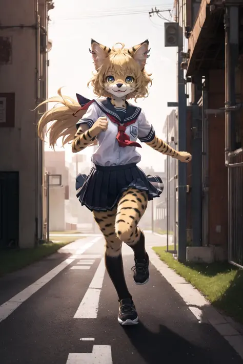 masterpiece, best quality,1girl,furry,road to school ,rim lighting,dynamic angle
blonde,servalcat,perfect light,running faster
,...