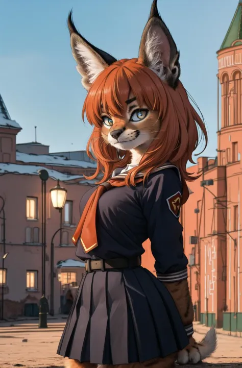 masterpiece, best quality,4k,hdr,perfect lighting 1girl,furry,solo,moscow,soviet,cowboy shot,fang,arm arms behind back, 
kitten,adorable,black school uniform, looking at viewer,caracal,Communist ideology,dynamic pose,fur tail,high detail fur,embarrassed, 
 