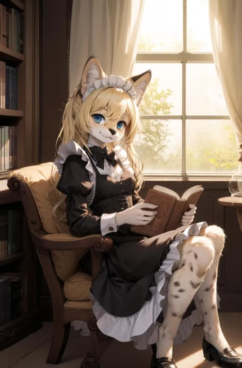 masterpiece, best quality,1girl,furry,reading book,blonde,servalcat,side of windows,perfect light,sit
,kitten,adorable,maid dres...