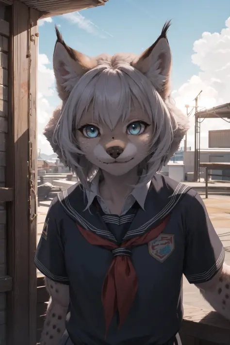 masterpiece, best quality,furry girl,outdoor,hdr,blue sky,sunlight, 
perfect light,dark skin,animal nose,solo,detail fur,epic movie concept
adorable,black school uniform, looking at viewer,sheli,lynx,drama
<hypernet:furry_kemono:0.3>  <lora:Lynx:0.6>