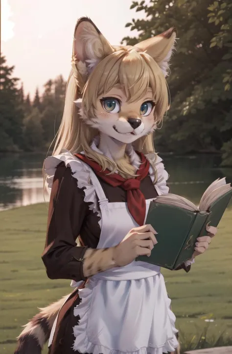 seulement,chef-d&#39;œuvre, 8k,Meilleure qualité ,fille à fourrure,8k,HDR,embauche,fourrure très détaillée,
En plein air,chatserval,holding_livre anatomie parfaite,blond,cheveux longs,regarde en regardant le spectateur,(Tablier blanc:1.1),foulard rouge
