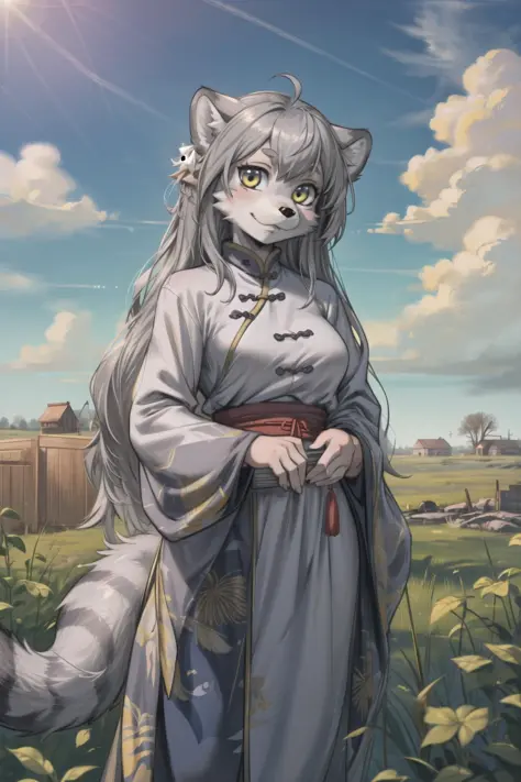 masterpiece, best quality,(furry girl:1.3)hdr,8k,hires,extremely detailed CG unity 8k wallpaper,prairie,manul,tusun
illustration,absurdres,grey hair ,long hair,looking at viewer,cloudy sky ,chinese clothes, outdoors,
