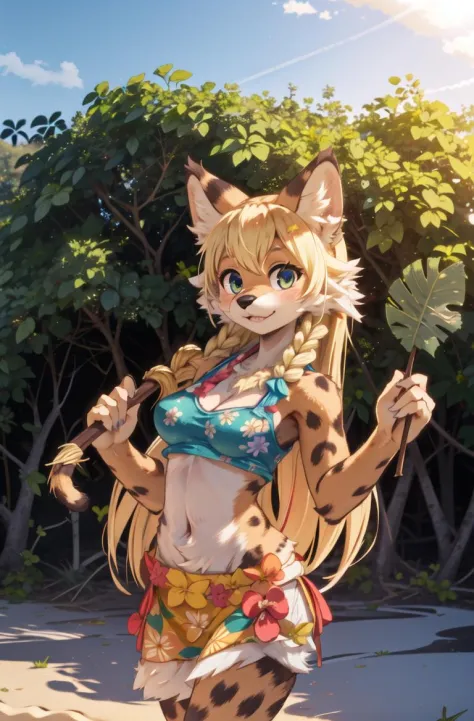 masterpiece, best quality,hdr,8k,1girl,furry female,forest,beach 
solo,high detail fur,cinema angle,8K,game CG,blue sky,hawaii hula skirt,garland
perfect lighting,servalcat,looking at viewer,blonde,long hair
<hypernet:furry_kemono:0.3><lora:servalcat:0.7> ...